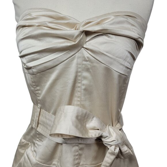 NWT TCEC Beige Strapless Belted Smocked Sweetheart Pockets Mini Dress Medium - Picture 2 of 11
